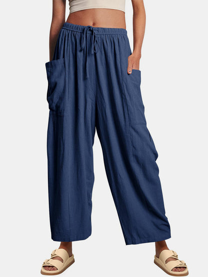 Full Size Wide Leg Pants with Pockets Navy Pants