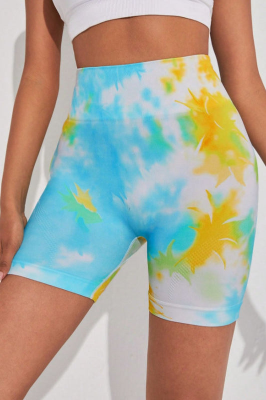 Tie-Dye Wide Waistband Sports Shorts Pastel Blue Active Shorts