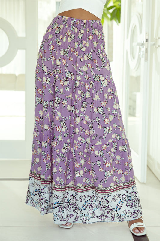 Tiered Printed Elastic Waist Skirt Lavender Skirt