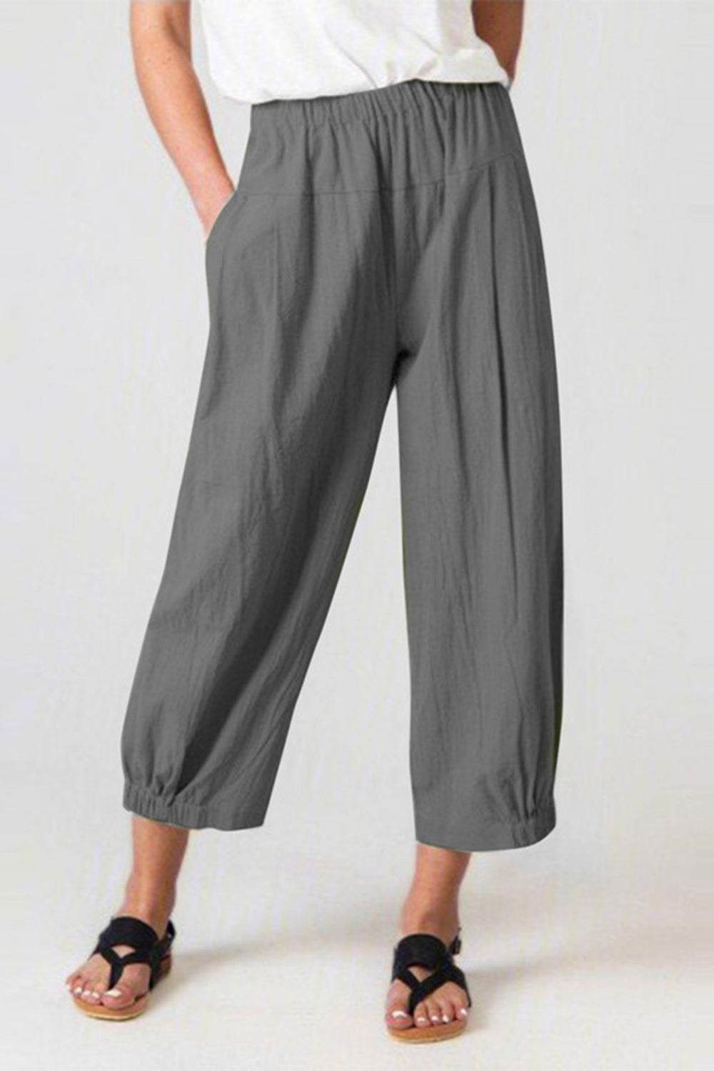Full Size Elastic Waist Cropped Pants Charcoal Pants