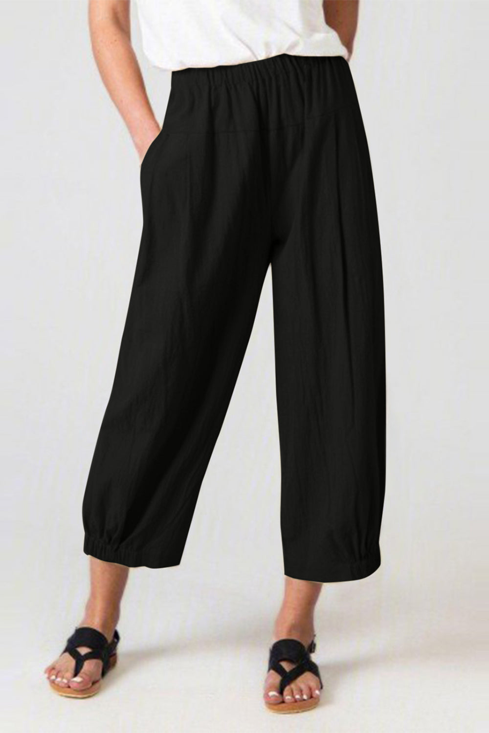 Full Size Elastic Waist Cropped Pants Black Pants