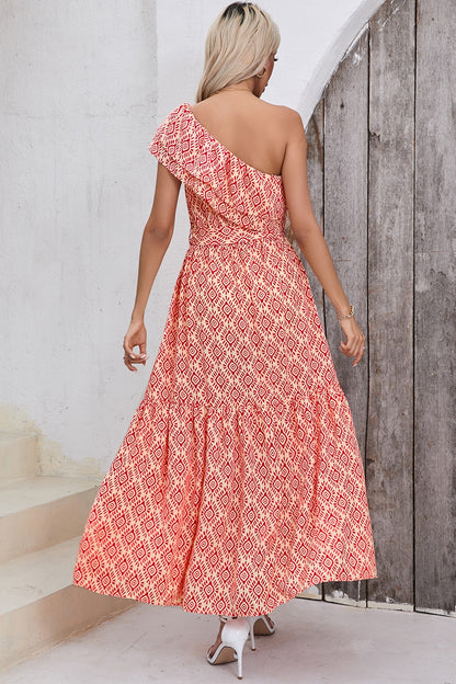 Slit Printed Single Shoulder Tie Waist Dress dress