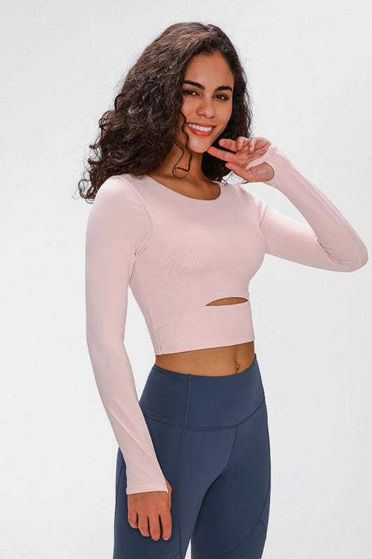 Long Sleeve Cropped Top With Sports Strap Pink Active T-Shirt