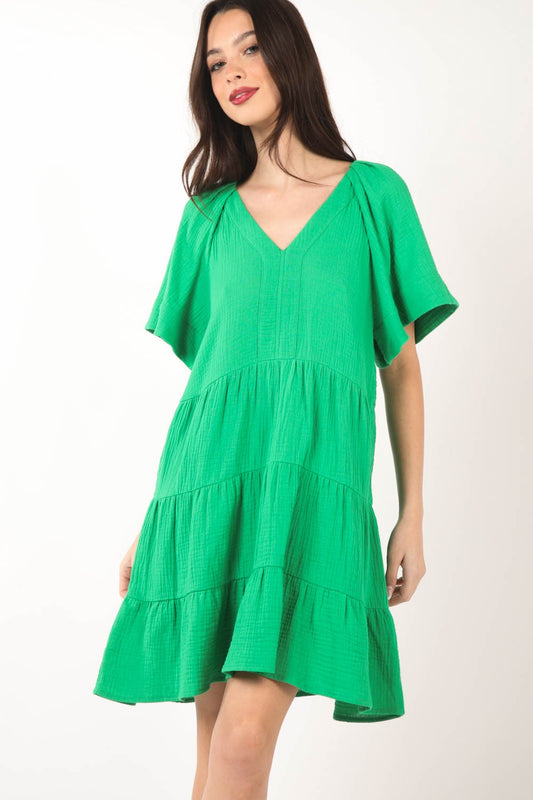 VERY J Texture V-Neck Ruffled Tiered Dress Green