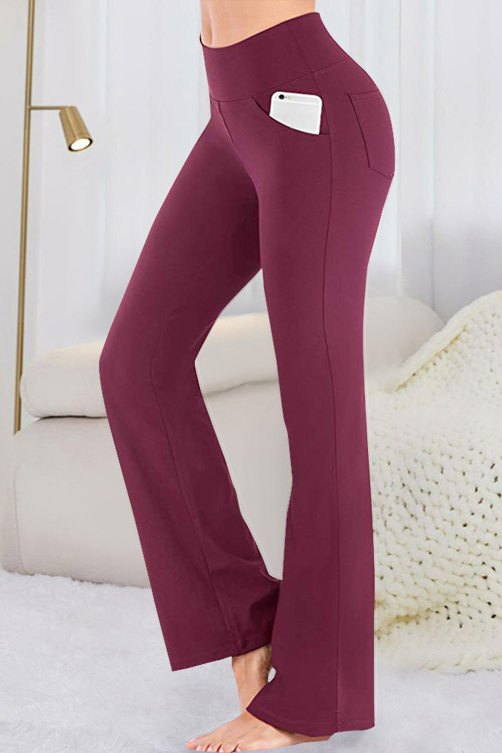 Pocketed High Waist Active Pants Wine Active Pants