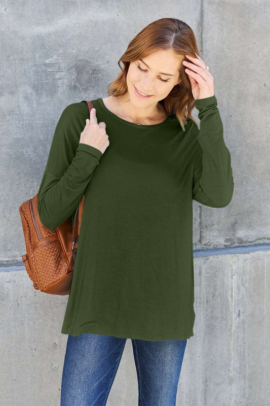 Basic Bae Full Size Round Neck Dropped Shoulder T-Shirt Army Green T-Shirt