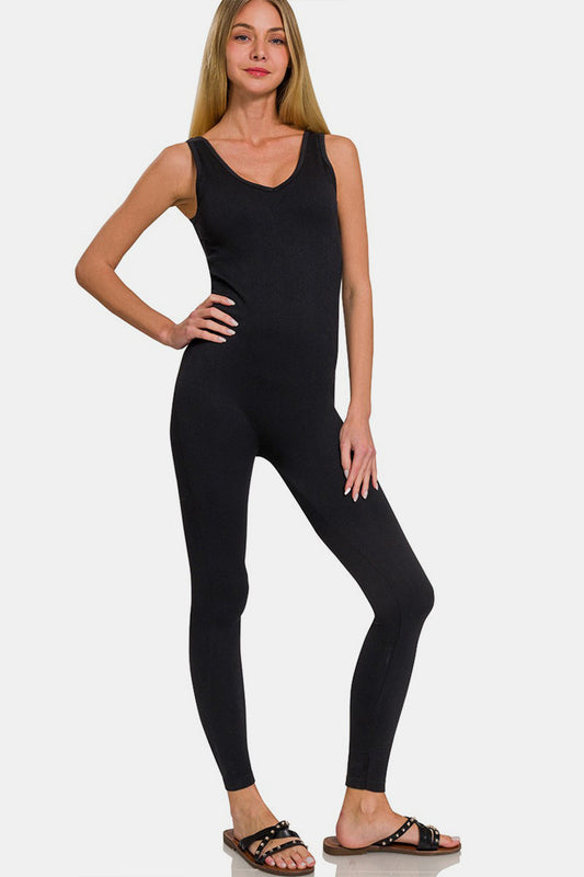Zenana Ribbed Bra Padded Sports Seamless Jumpsuit Black Active Jumpsuit