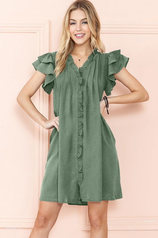 Ruffle Sleeve V neck Green, Black dress w/ pocket - URBANA VILLAGE - Short Dress - #clothing# - #dresses# - #shorts# - #plus size clothing#