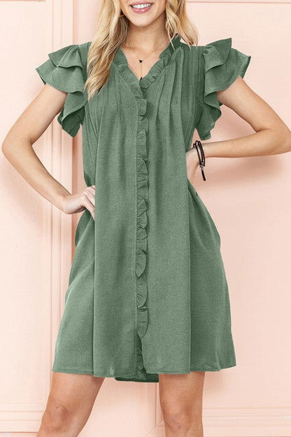 Ruffle Sleeve V neck Green, Black dress w/ pocket - URBANA VILLAGE -  - #clothing# - #dresses# - #shorts# - #plus size clothing#