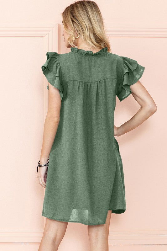 Ruffle Sleeve V neck Green, Black dress w/ pocket - URBANA VILLAGE -  - #clothing# - #dresses# - #shorts# - #plus size clothing#