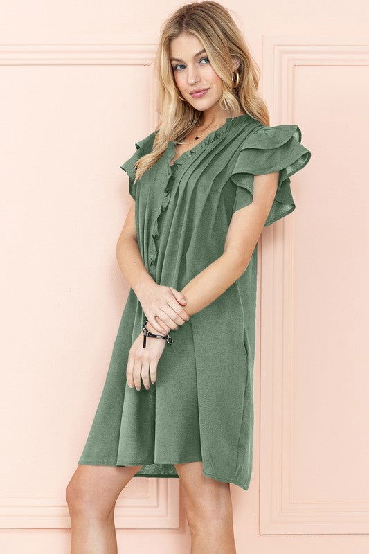 Ruffle Sleeve V neck Green, Black dress w/ pocket - URBANA VILLAGE -  - #clothing# - #dresses# - #shorts# - #plus size clothing#