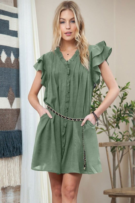 Ruffle Sleeve V neck Green, Black dress w/ pocket - URBANA VILLAGE -  - #clothing# - #dresses# - #shorts# - #plus size clothing#