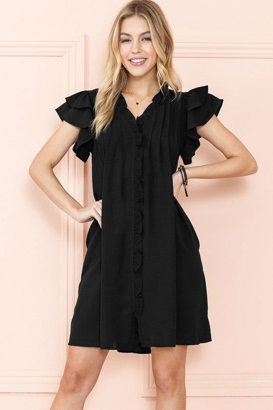 Ruffle Sleeve V neck Green, Black dress w/ pocket - URBANA VILLAGE -  - #clothing# - #dresses# - #shorts# - #plus size clothing#